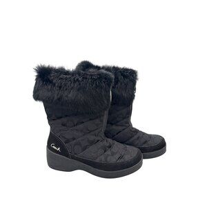 Coach Womens Winter Fur-Trim Quilted Boots Size 7.5 M Black Mid-calf